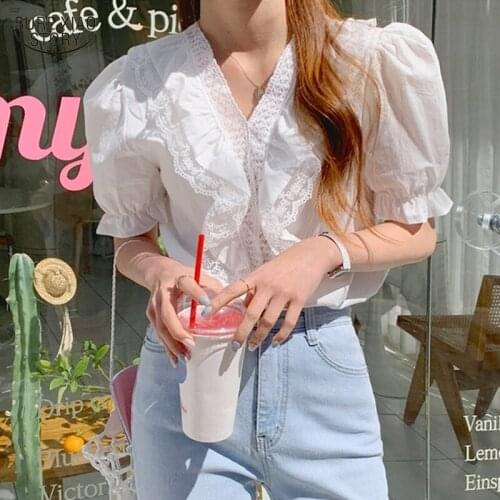 Korean V-neck Lace Fashion Ruffle Stitching Blouse 2021 Summer Short Sleeves Women Tops Loose Casual Sweet Crochet Shirt 14240