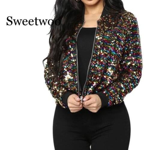 2020 Women Long Sleeve Colorful Bomber Jacket Zipper Bling Bling Sequin Coat Glitter Long Sleeve Street Club Wear