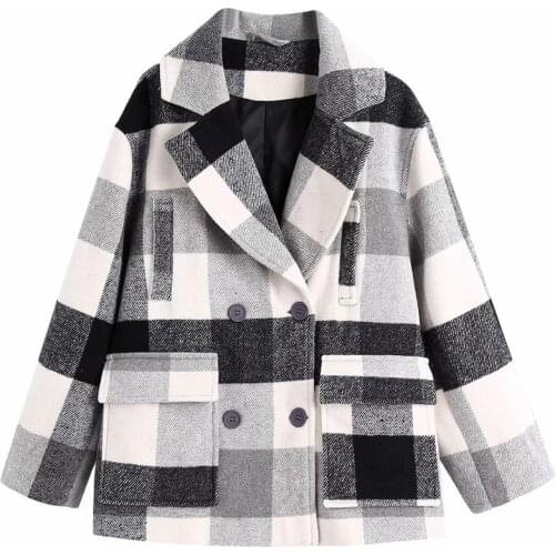 New Pop Autumn Winter Women Jacket Plaid Double-breasted Full Sleeves Lapel Collar Check Coat Vogue Casual Outerwear Tops