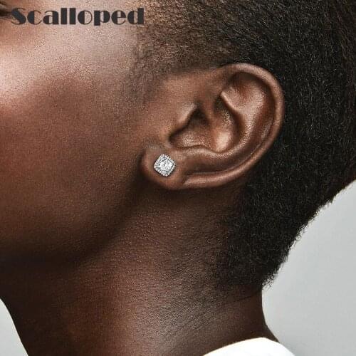 SCALLOPED European Luxurious Square Sparkle Halo Stud Earrings Clear CZ Women Fashion Jewelry Valentines Day Gift