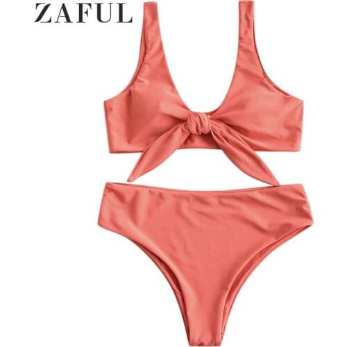 ZAFUL Padded Front Knot Beach Summer Sets Women Set Solid Color Sexy Beachwear 2019 Fashion Two Piece Set