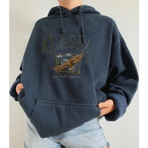 Vintage Stylish Dark Blue Letter Printing Sweatshirt Women 2020 Autumn Casual Loose Loose Oversized Hoodie Fashion Sweatshirt