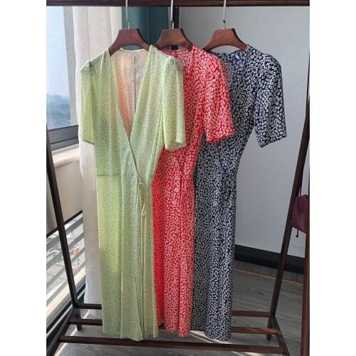 Elfbop Women Floral Printing One Piece Wrap V Neckline Midi-Length Dress Waist Ties Detail - Summer 2020 Ladies Casual Dress