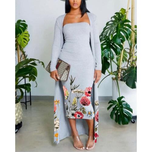 5 Colors Spring Autumn Women Floral Print Corset Tube Bodycon Midi Dress With Longline Long Sleeve Cardigan Set Two Pieces Suit