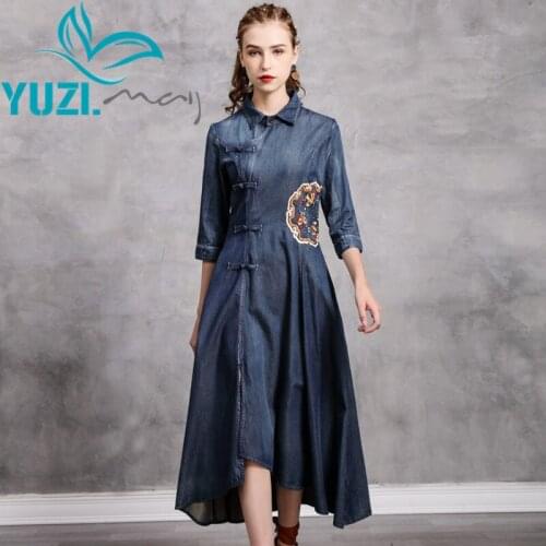 Dress Female 2020 Yuzi.may Boho New Denim Women Dresses Turn-down Collar Vintage Embroidery Asymmetrical Hem Vestidos A82262