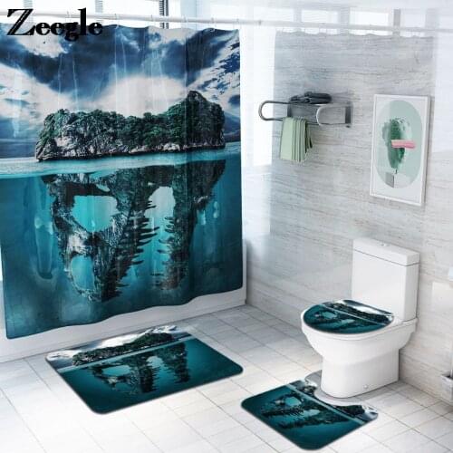 Scenic Pattern Pastoral Style Bath Mat Set with Waterproof Shower Curtain Absorbent Toilet Floor Mat Bathroom Carpet Mats