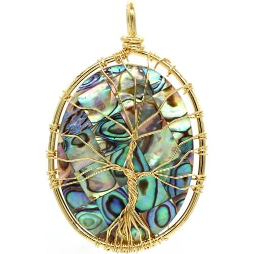 100-Unique Personalized 1 Pcs Light Yellow Gold Color Wire Wrapped Abalone Shell Oval Pendant Charm Jewelry