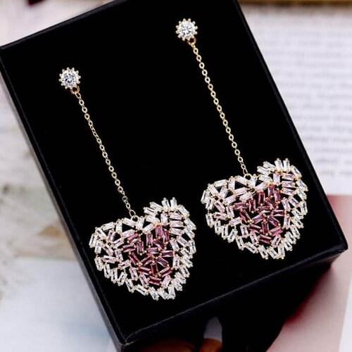 High Quality Heart Pink/Clear Cubic Zirconia Long Earrings Women Trendy Korean Dangle Earring Wedding Engagement Jewelry YEA067