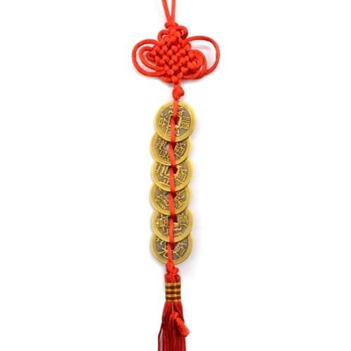 Ancient Coin Set Antique Fortune Money Coin Luck Wealth Success 6 Copper Coins Chinese Knot Red Rope Feng Shui Lucky Home Decor