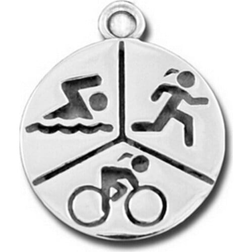 Eco friendly Metal Two Side Engraved Silver Plated Swim Bike Run Marathon Triathlon Pendant Charm Jewelry Diy