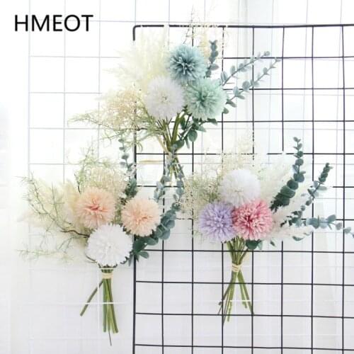 Artificial Pompon Reed Pampas Grass Holding Flower Wedding Bouquet Fake Flower Green Plants Room Home Decoration Photo Props