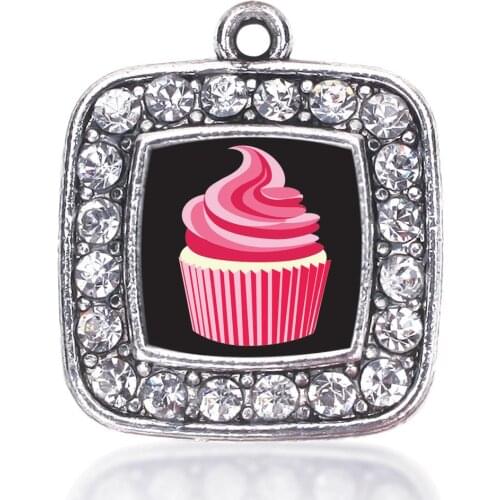 CUPCAKE LOVERS SQUARE CHARM ANTIQUE SILVER PLATED CRYSTAL JEWELRY