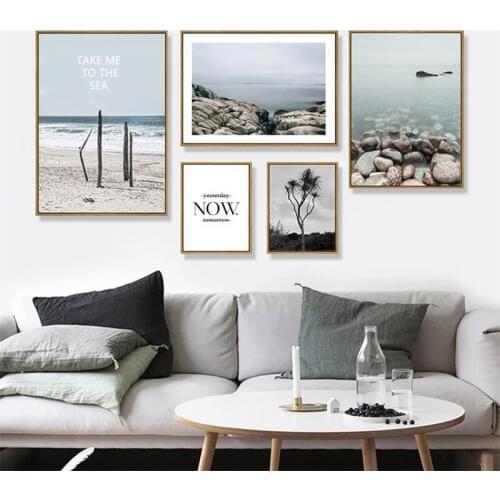 Colorful Beach Landscape Photography Waves Rock Wood Plant Tree Motto Canvas Painting Wall Picture Poster Living Room Decoration