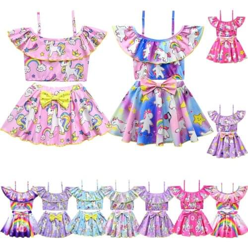 3-10 Years Girls Summer Swimsuit 2021 2Pcs Swimwear Short Sleeve Unicorn Print Tops Childrens Beachwear Girls Swim Clothing