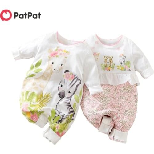 PatPat 2021 Summer Baby Girls Clothes Giraffe Zebra Animal Print Toddler Rompers Jumpsuit One piece 0-12M New Arrival