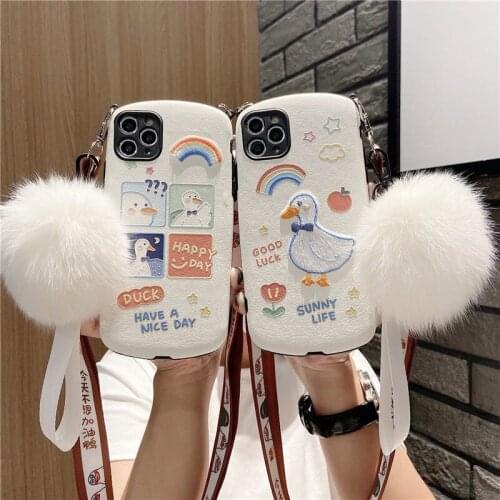 Kawaii Cute Duck Embroidery for IPhone 12 Mini 11 Pro Max X XS Max XR 8 Diagonal Lanyard Fur Ball Soft Protective Back Cover