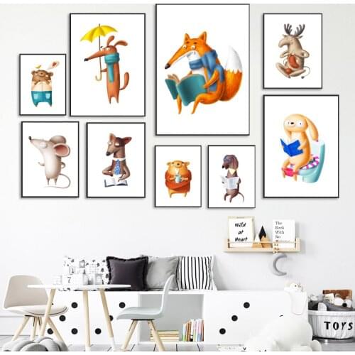 Cartoon Fox Bear Mouse Rabbit Deer Dog Nursery Wall Art Canvas Painting Nordic Posters And Prints Wall Pictures Kids Room Decor