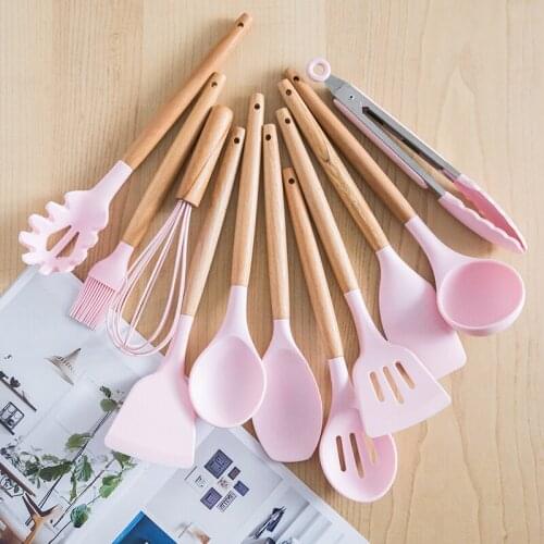 Silicone Cooking Tools Set Premium Utensils Set Turner Tongs Spatula Soup Spoon Non-stick Shovel Oil Brush Kitchen Tool Pink