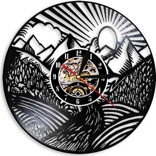 Abstract Landscape Mountain Nature Wall Art Vinyl Album Re-purposed Record Wall Clock Natural Scenery Bedroom Decor Silent Clock