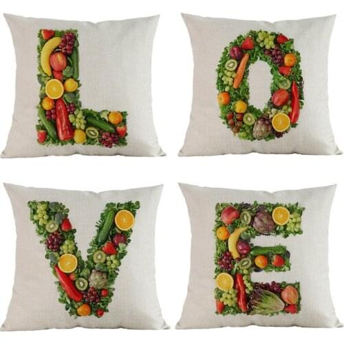 Creative Varied Green Vegetables And Fruits Alphabet A-Z 26 Letters Linen Pillow Case Sofa Kids Room Decoration Cushion Cover
