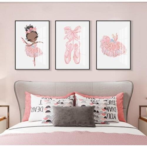 Modern cartoon style pink dancing girl swan bow princess dress hanging paintings living room childrens room painting core