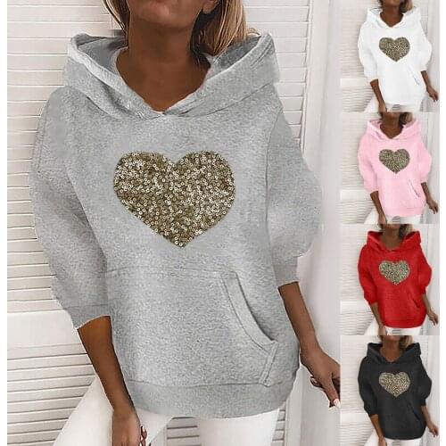 S-XXXL Ladies love sequin printed long-sleeved hooded sweatshirt with pockets warm sweatshirt killua hoodie Casual fashion F4