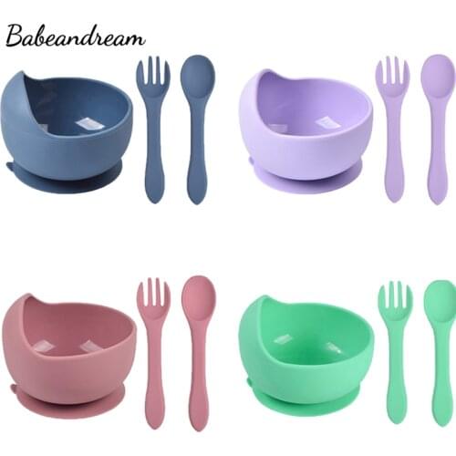 Baby bowl spoon Fork silicone tableware children handle silicone spoon Suction bowl baby silicone bowl Lunch Feeding 28