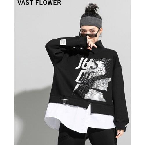 Letter Print Patchwork Sweatshirt Women Fake Two Piece Pullover Long Sleeve Loose Casual Fashion Clothes New Autumn Winter 2021