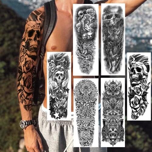 Waterproof Body Art Sleeve Temporary Tattoos Sticker 3D Fake Full Arm Black Sukll Totem Owl Wolf Rose Tatoos For Women Men Decor