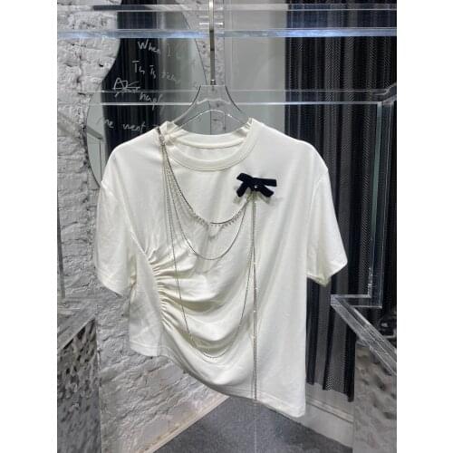 High 2021SS Summer Quality Women Bow White Asymmetrical Chains T-Shirt Female Casual Tee Tops Ddxgz2 3.22