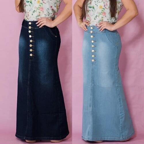 Women Denim Skirt Long Jeans Skirt Womens Skirt Denim Skirts For Women Summer Vintage Front Button Long Skirts Female Saia A519