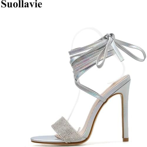 Suollavie Cross-tie ankle sandals women 2020 sexy lace up ladies high heels silver pointed toe women shoes leisure Sandals Mujer