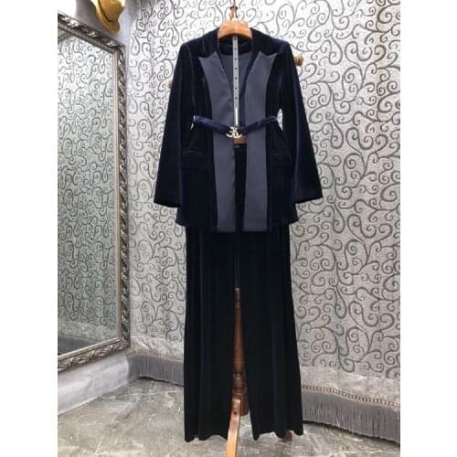 Top Quality Womens Set 2021 Autumn Winter Pant Sets Woman Color Block Patchwork Belt Coat Outwear+Full Length Velvet Pant Suit