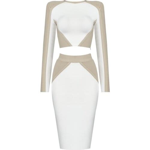 2021 women winter fashion high quality white & beige long sleeve cut out bandage dresses party dress wholesale