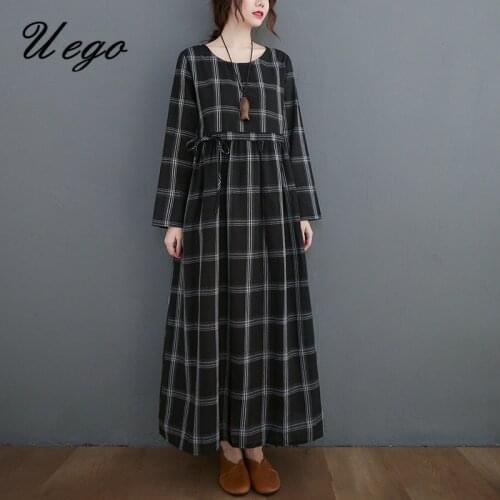 2021 New Arrival Black Plaid Fashion Spring Dress Linen Cotton Plus Size Loose Vintage Dress Women Autumn Casual Long Dress