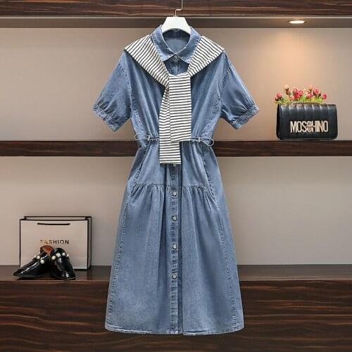 Plus size Women short sleeves Denim Dress Casual Single Breasted waist lace-up Slim Elegant Vintage Vestidos Jeans Dresses chic