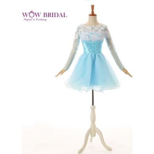 Wowbridal Blue and White Lace Long Sleeve Homecoming Dresses Zipper Scoop Junior High Cute 8th Grade Graduation Dresses SH0014
