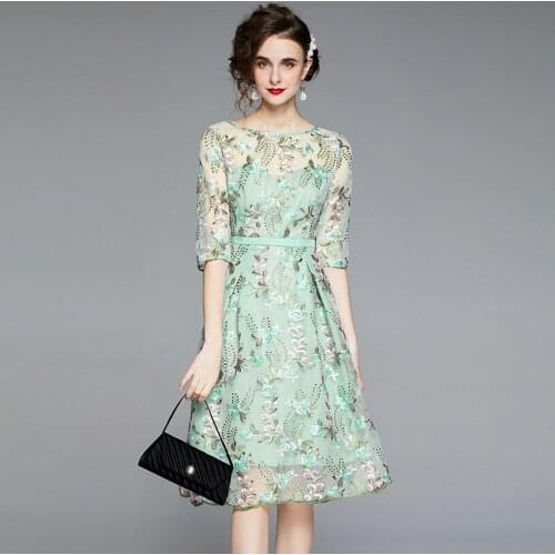 2021 Summer Fashion Runway Elegant Dress Vintage Women Mesh Flower Embroidery Boho Holiday Party Dress
