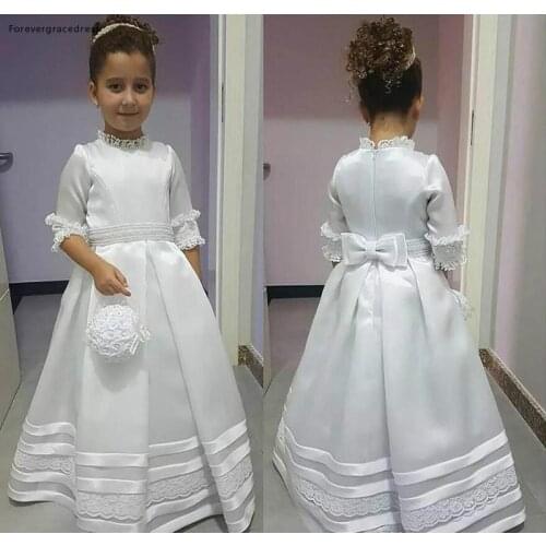 White Lovely Cute Flower Girls Dresses Princess A Line High Neck Daughter Toddler Pretty Kids Formal First Holy Communion Gowns