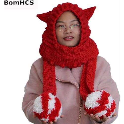 BomHCS Supper Warm Ears Beanie Scarf with Big Pompoms 100% Handmade Knitted Hat Neckerchief Cap