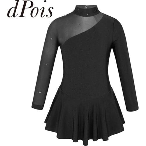 Kids Girls Long Sleeves Mock Neck See-through Tulle Splice Cutouts Back Figure Ice Roller Skating Ballet Dance Leotard Dress