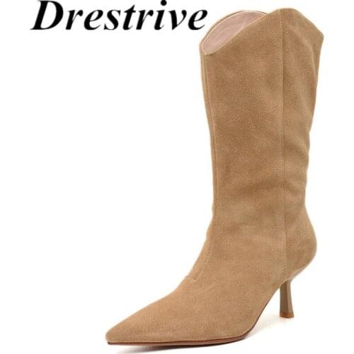 Drestrive Women Mid Calf Boots Cow Suede Pointed Toe Thin Heel Slip On 2020 Classics Winter High Heel Shoes Black