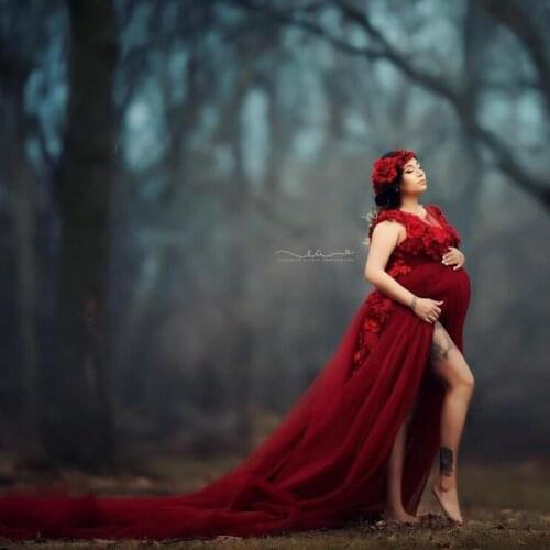 Elegant Burgundy Tulle Ruffles A-line Pregnant Women Dress With Long Train Open Front 3D Flower Maternity Robes 2021 Custom Made