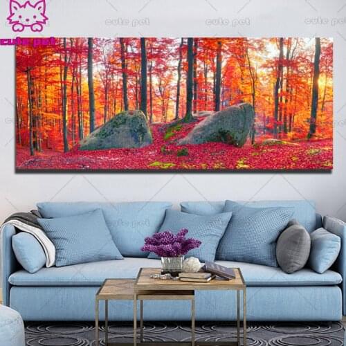 Large size Autumn Maple Forest Sunrise 5D square round stones full diamond embroidery crystal diamond painting mosaic pattern