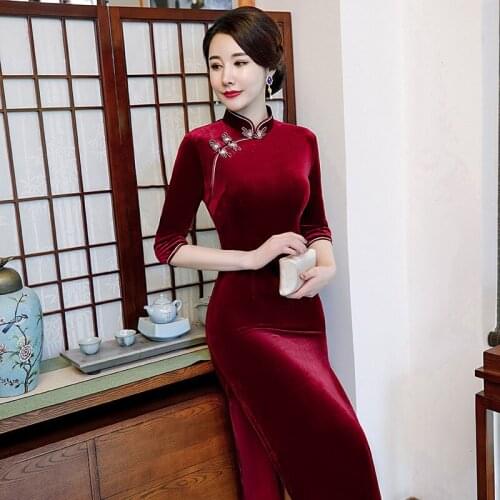 Chinese Dress Qipao Women Long Cheongsam Slim Slimming Three-quarter Sleeve Bride Mother of Dress Casual Chinese Gown