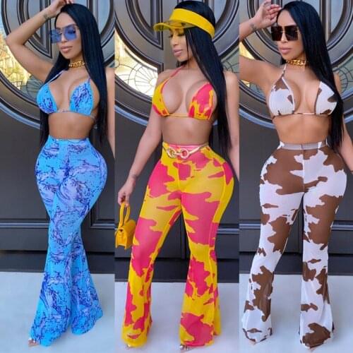 Tie-Dye Printed Two Piece Sets Women Holiday Beach Wear Sexy Halter Lace-Up Low Cut Bras High Waist Bodycon Flared Trousers Set
