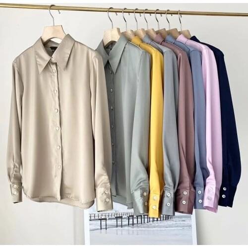 Dave&Di Autumn England Style Fashion Simple Elegant Silk Colorful Solid Blouse Women Blusas Mujer De Moda 2020 Casual Shirt Top