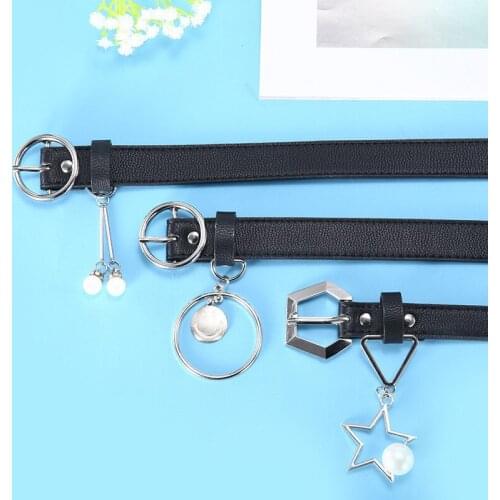 Fashion PU Leather Belt Newest Design Women Ring Round Buckle Belt Lovely Smile Pearl Triangle Pin Buckle Black White Belt Strap