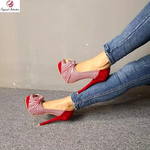 Original Intention Beautiful Women Pumps Open Toe Thin Heels Pumps Stripped Pumps Stylish Black Red Shoes Woman Plus Size 4-15