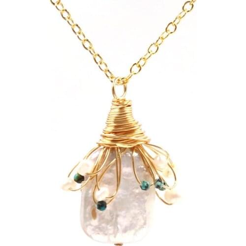 FYSL Light Yellow Gold Color Wire Wrap Irregular Shape Pearls Pendant Link Chain Necklace Ethnic Style Jewelry